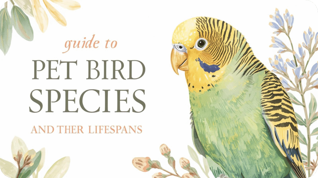 Colorful variety of pet birds including parakeets, cockatiels, and parrots, representing different species and their average lifespans.