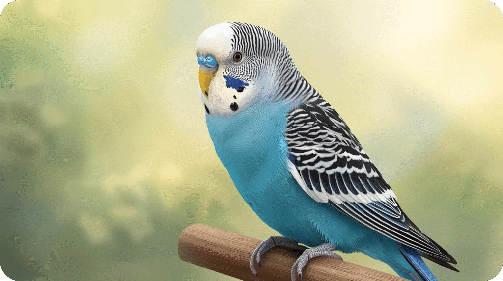 Blue Budgie Parakeet perched on a branch, showcasing its vibrant blue feathers — a popular pet bird known for its friendly personality, affordable care, and long lifespan.