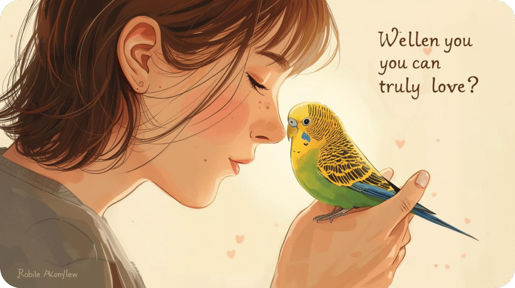 Blue Budgie sitting on its owner’s hand, representing the strong bond, trust, and friendship between humans and pet birds.