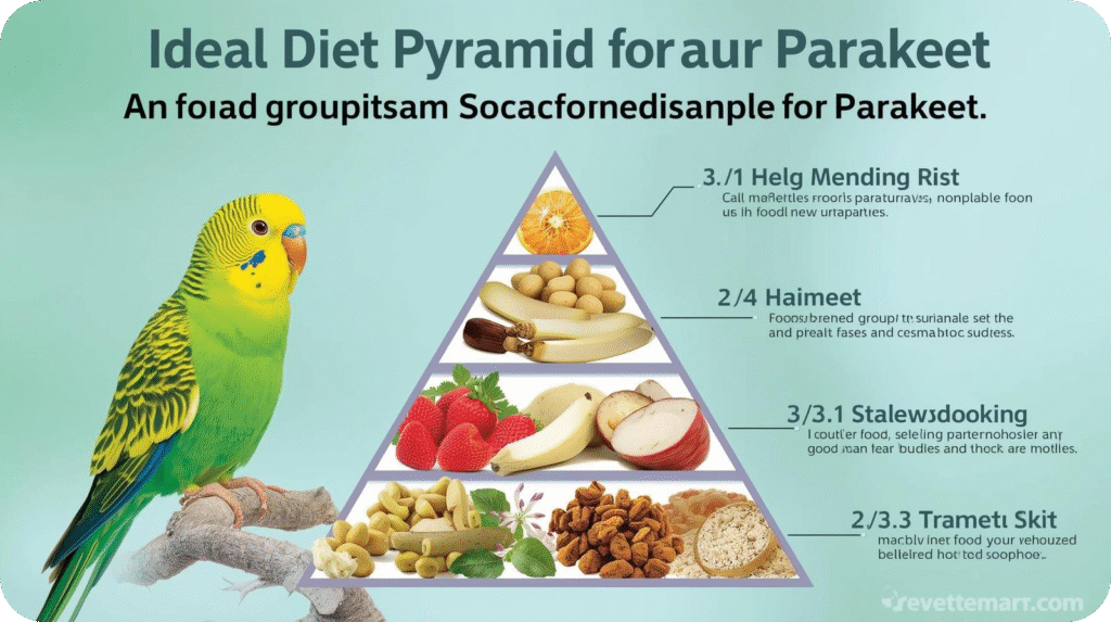 A parakeet enjoying a balanced mix of seeds, pellets, fruits, and vegetables, illustrating how to care for a parakeet by building the ideal diet pyramid.