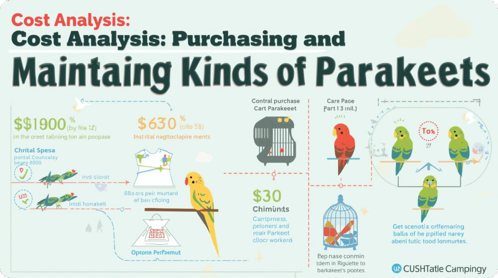 Cost analysis chart comparing expenses for purchasing and maintaining various kinds of parakeets species.