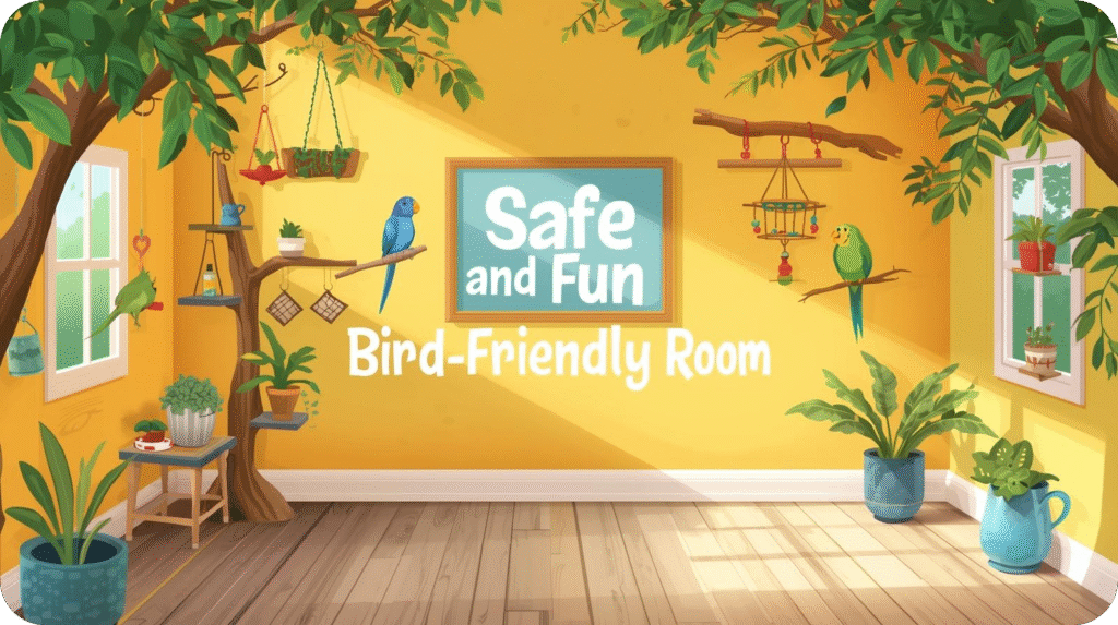 A parakeet flying freely in a bird-safe, well-equipped room with perches and toys, illustrating how to care for a parakeet by creating a safe and fun environment.