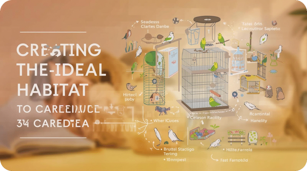 A vibrant parakeet enjoying a spacious cage with perches, toys, and fresh food — showing how to care for a parakeet by creating the ideal habitat.