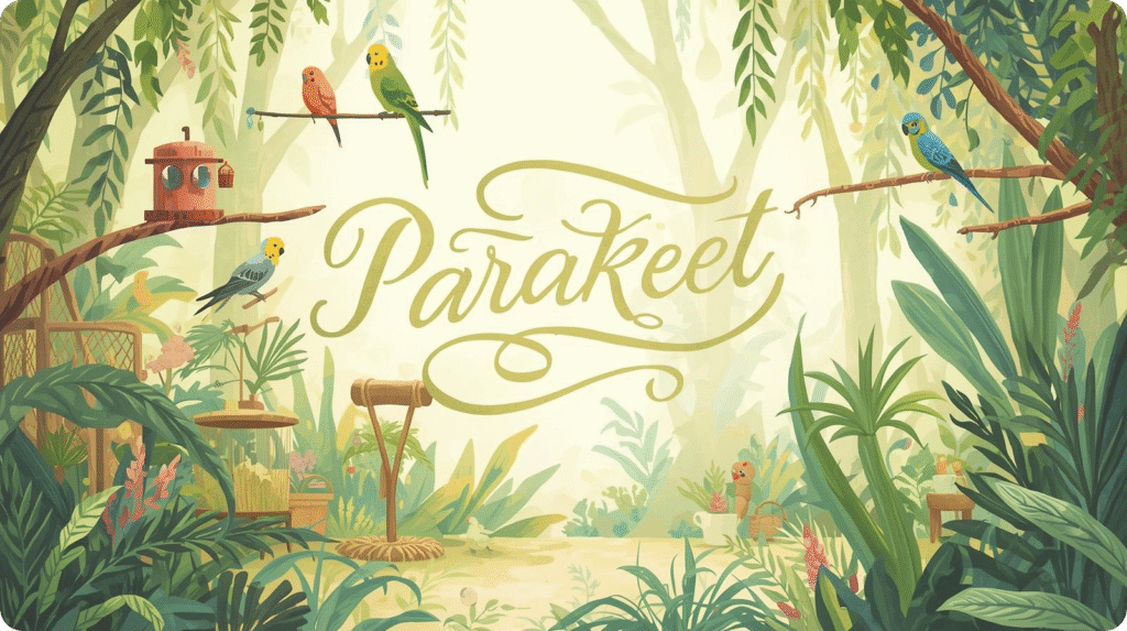 Vibrant vector jungle scene with colorful parrots and parakeets, exotic foliage, and hand lettering reading “Life Expectancy for Parakeets.”