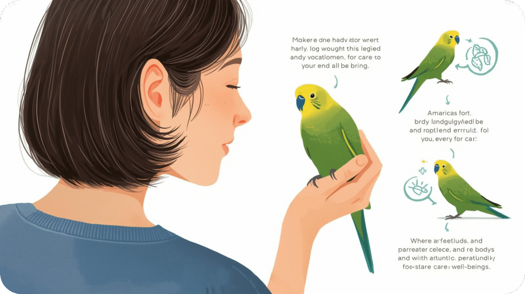 A parakeet flapping its wings and tilting its head, showing how to care for a parakeet by decoding its body language and vocalizations.