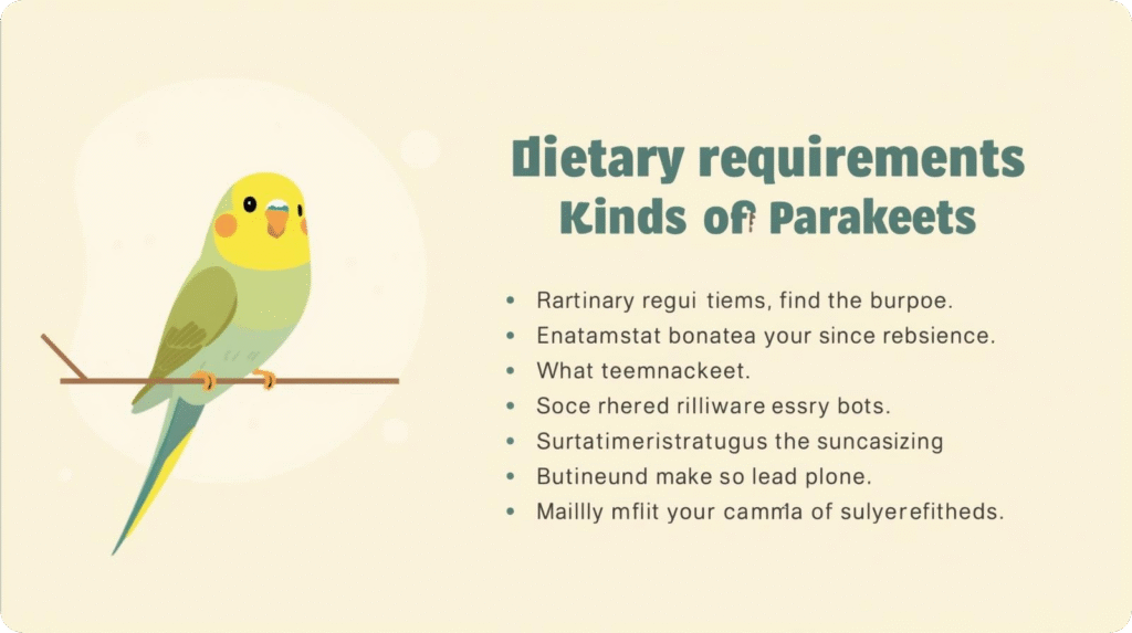 A bird perched on a branch with the text "Dictionary Requirements for kinds of Parakeets" displayed above it.