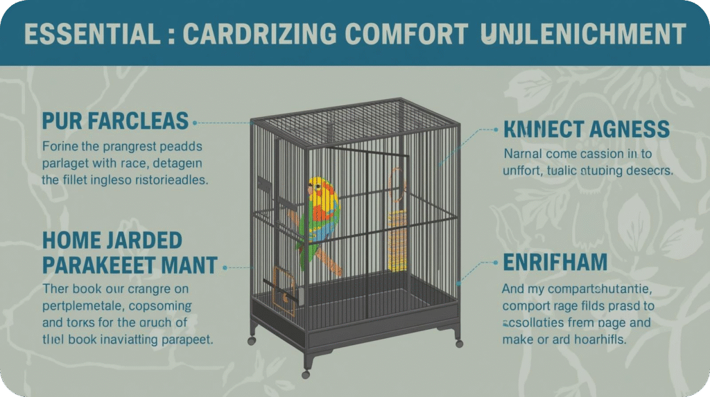 A happy parakeet playing with toys and resting on perches inside a well-decorated cage — showing how to care for a parakeet with the right cage setup for comfort and enrichment.