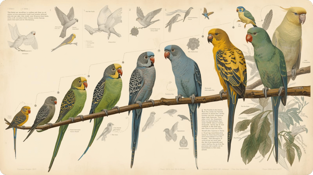 A colorful drawing of two parrots perched on a branch amidst green leaves.