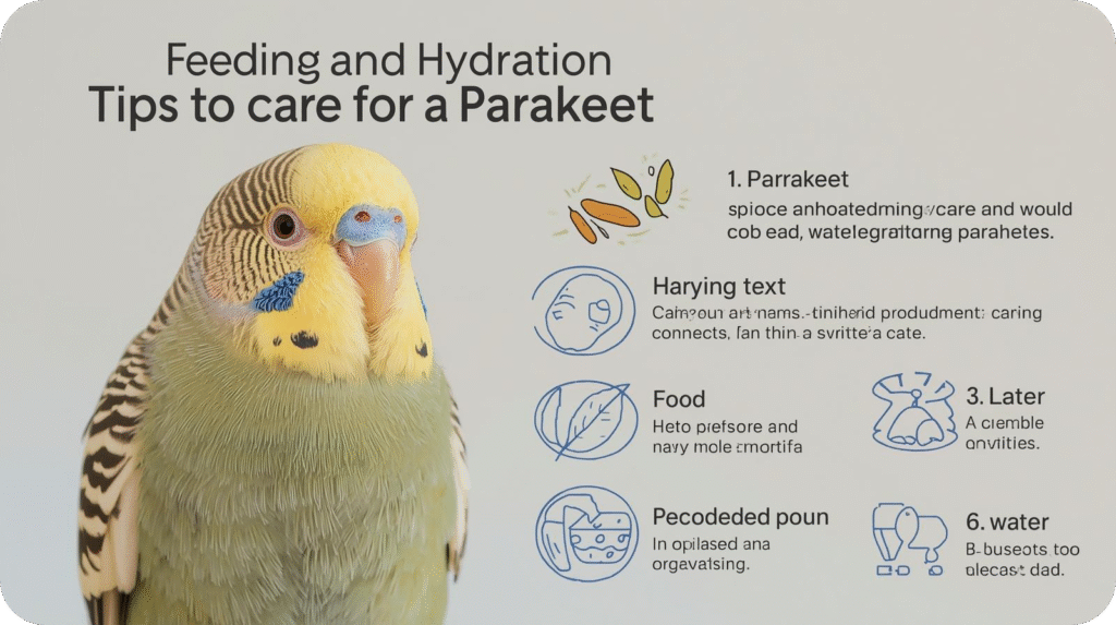 A parakeet eating fresh food and drinking water from clean bowls, demonstrating how to care for a parakeet with proper feeding and hydration tips.