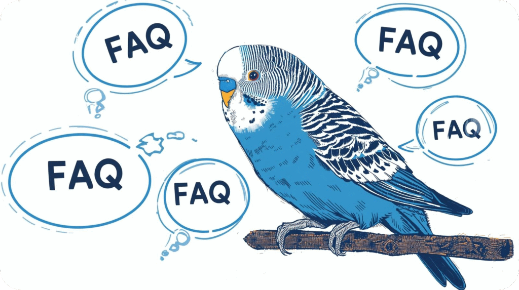 Blue Budgie tilting its head curiously, symbolizing common questions and helpful answers about budgie care and behavior.