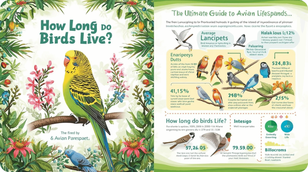 Colorful group of pet birds including parrots, budgies, and canaries, representing different species and their varying lifespans.