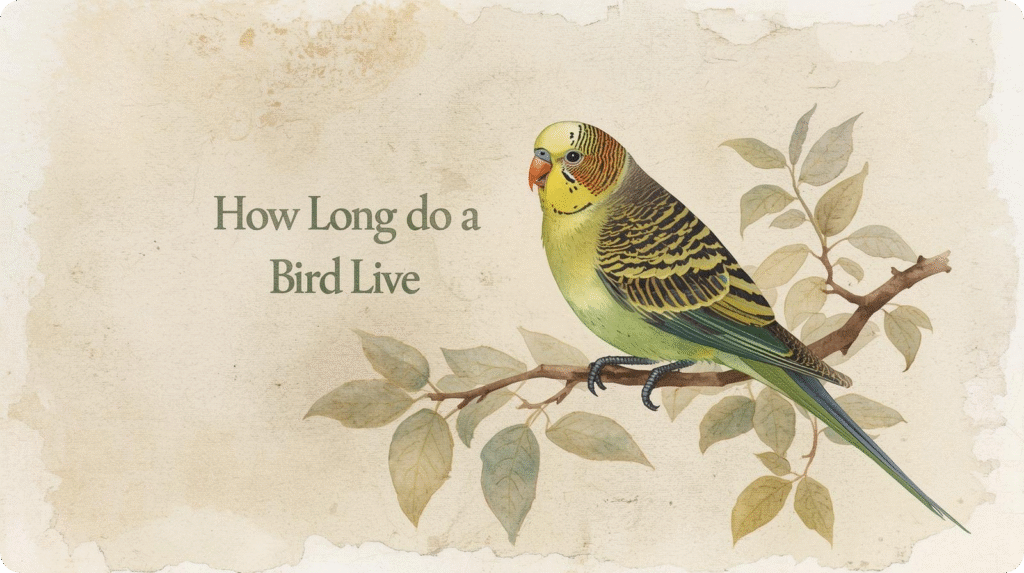A bird perched on a branch with the text "How long do a bird live" displayed nearby.