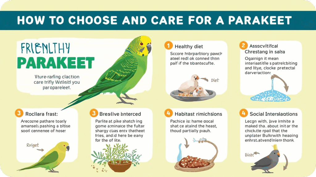 A person selecting a healthy parakeet at a pet store, observing its bright feathers and active behavior — showing how to care for a parakeet when choosing one.