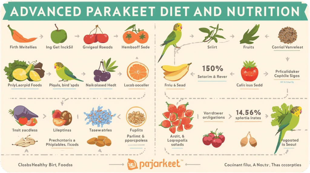 A parakeet eating fresh fruits, vegetables, and high-quality pellets, showing how to care for a parakeet with an advanced diet and proper nutrition.
