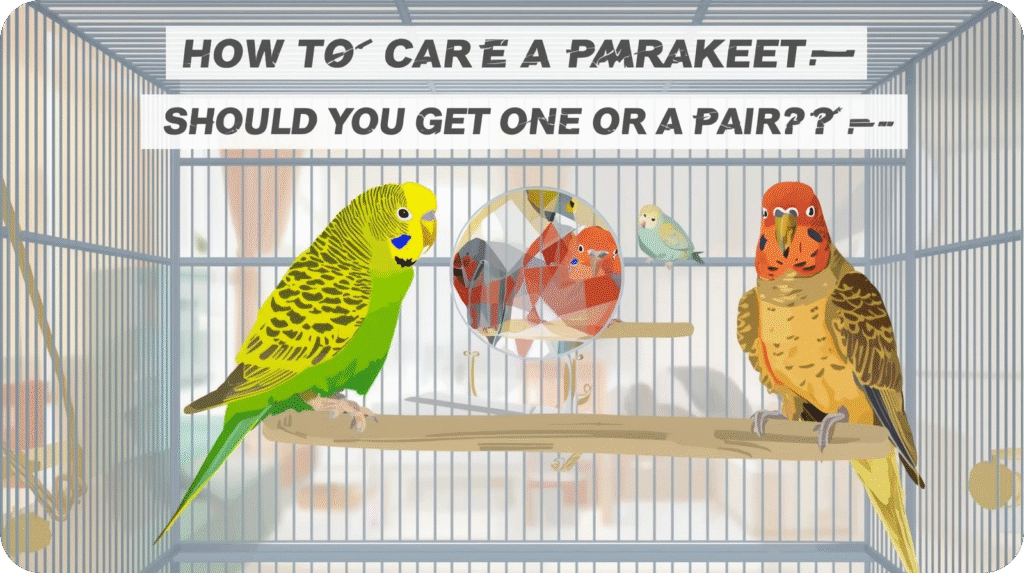 Two playful parakeets perched together in a cage, illustrating how to care for a parakeet and decide whether to keep one or a pair for companionship and happiness.