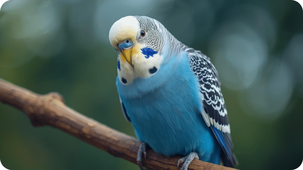 Blue Budgie happily interacting with its owner, showing affection through chirping, gentle nibbling, and perching on their hand.