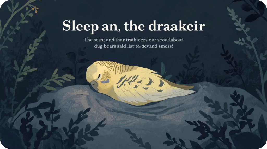 A parakeet sleeping calmly in a quiet, darkened cage, illustrating how to care for a parakeet by providing proper sleep and darkness for health and well-being.