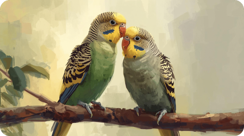 Two parrots interacting playfully, representing bird intelligence, communication, and the strength of their social bonds.