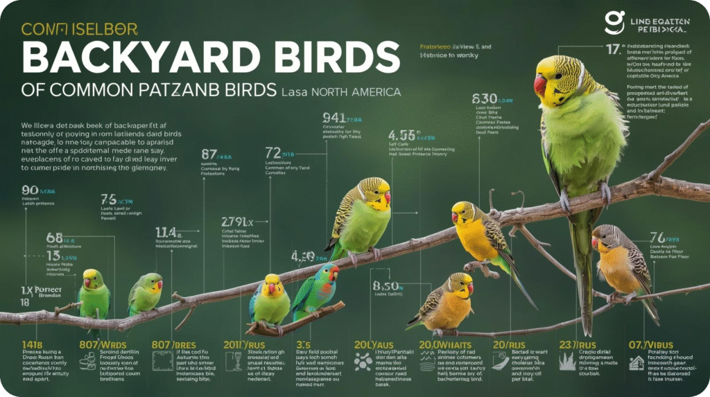 Group of common North American backyard birds, including sparrows, robins, and blue jays, representing their average lifespans.