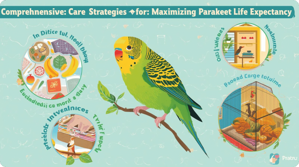 Infographic showing key tips to improve Life Expectancy for Parakeets through proper diet, habitat, and health care.