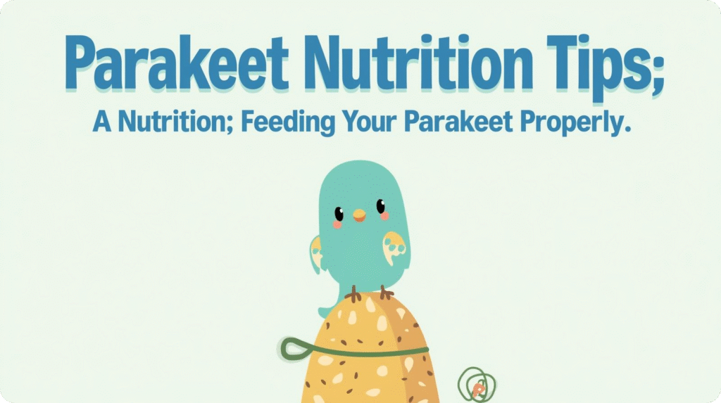 Parakeet nutrition tips displayed on a colorful infographic featuring various seeds, fruits, and vegetables.