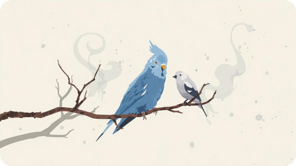 Blue Budgie with cage accessories like toys, food bowls, and perches, representing ongoing care and maintenance costs.