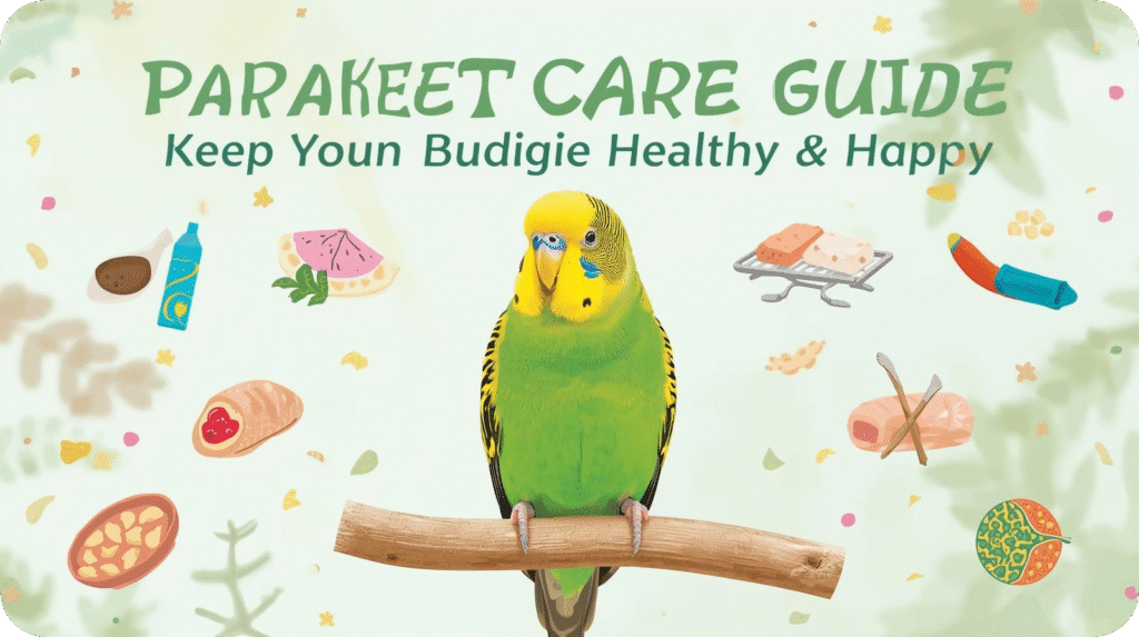 A bright green parakeet sitting on a perch with fresh food and toys, showing how to care for a parakeet and keep it healthy and happy.