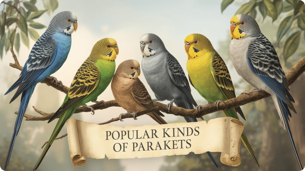 A variety of popular kinds of parakeet species displayed together, showcasing their vibrant colors and unique features.