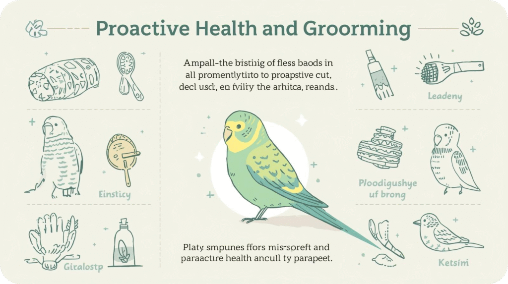 A parakeet being gently groomed with clean feathers and trimmed nails, showing how to care for a parakeet through proactive health and grooming.