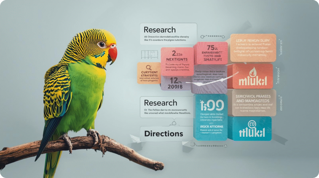 A green parrot perched on a branch surrounded by various informational elements.
