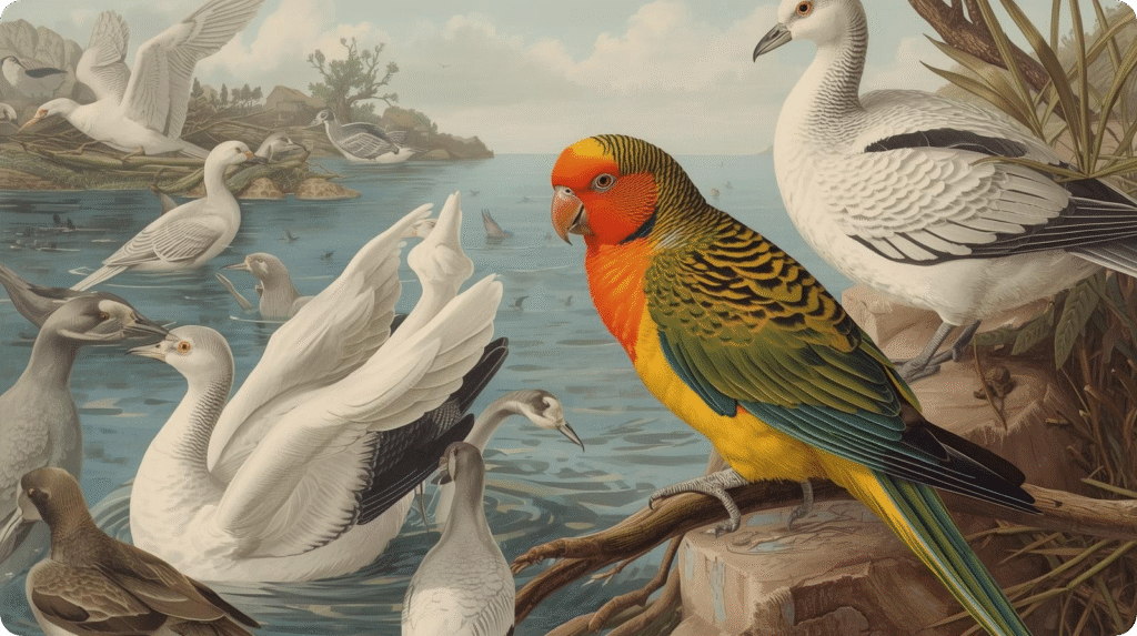A painting of birds near water illustrating their habitat and showing how long do a bird live depending on the species.