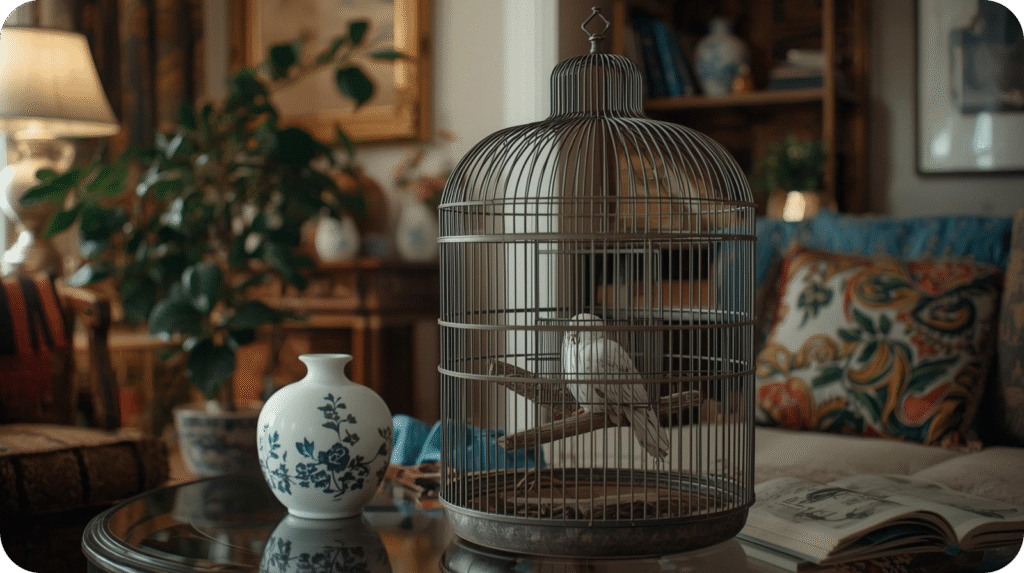 Blue Budgie inside a spacious cage with toys, perches, and food bowls, showing the ideal home setup for a happy parakeet.