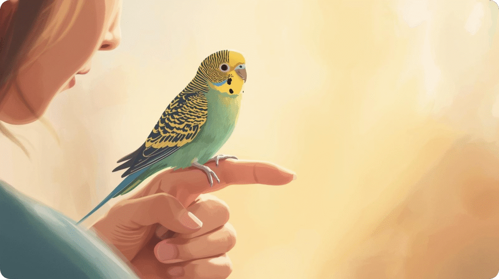 A woman gently holds a yellow and green parakeet on her finger, showcasing the bird's vibrant colors and delicate features.