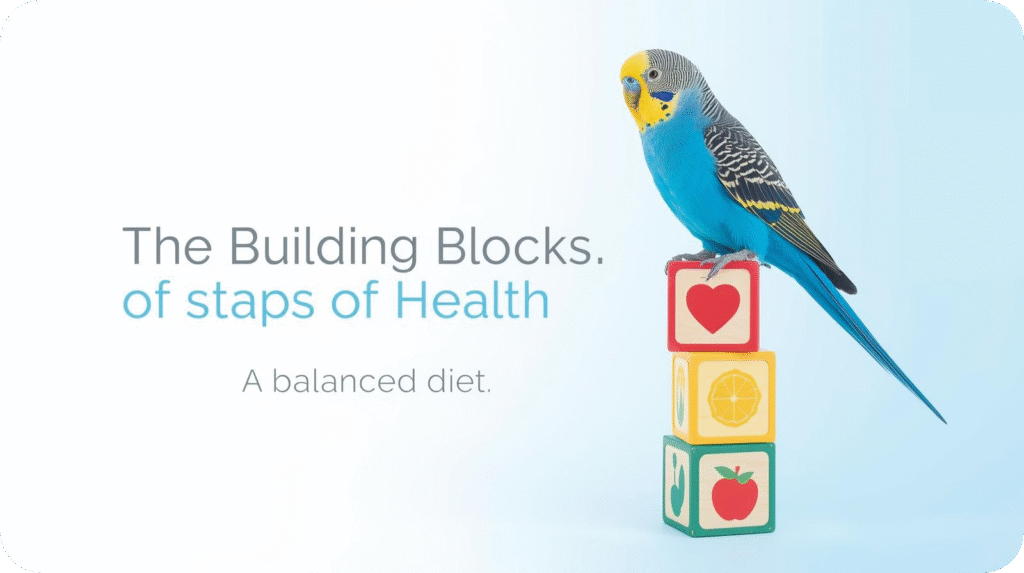 Blue Budgie eating fresh seeds, fruits, and vegetables, representing a balanced diet essential for its health and vitality.
