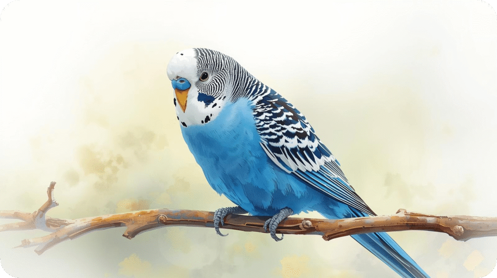 Single Blue Budgie perched calmly on a finger, symbolizing strong bonding and focused attention from its owner.