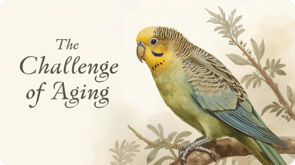 Older wild parakeet resting on a tree branch, symbolizing the challenges and vulnerabilities birds face as they age in the wild.