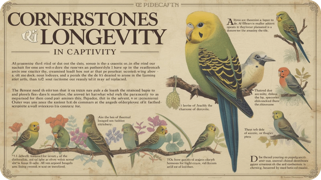 Healthy pet budgie in a clean, well-equipped cage, representing proper diet, environment, and care that extend a bird’s lifespan.
