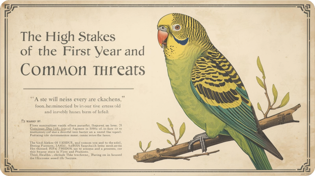 Young parakeet in its nest, showing the challenges and survival risks baby birds face during their first year of life.