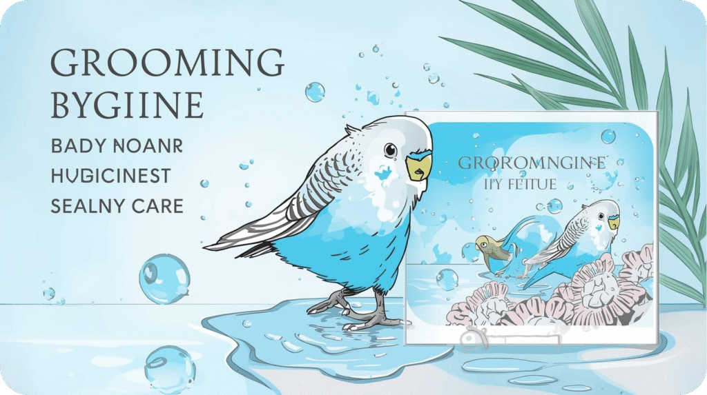 Blue Budgie splashing in a small bird bath, showing the role of regular grooming and bathing in keeping feathers clean and healthy.