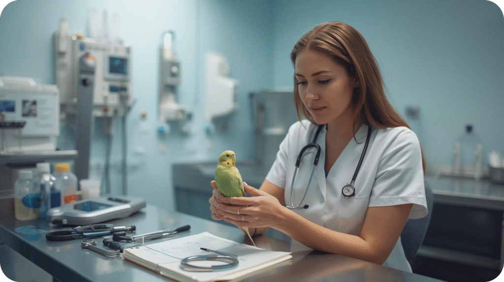 A veterinarian examining a parakeet gently, illustrating how to care for a parakeet by involving professional veterinary check-ups and guidance.