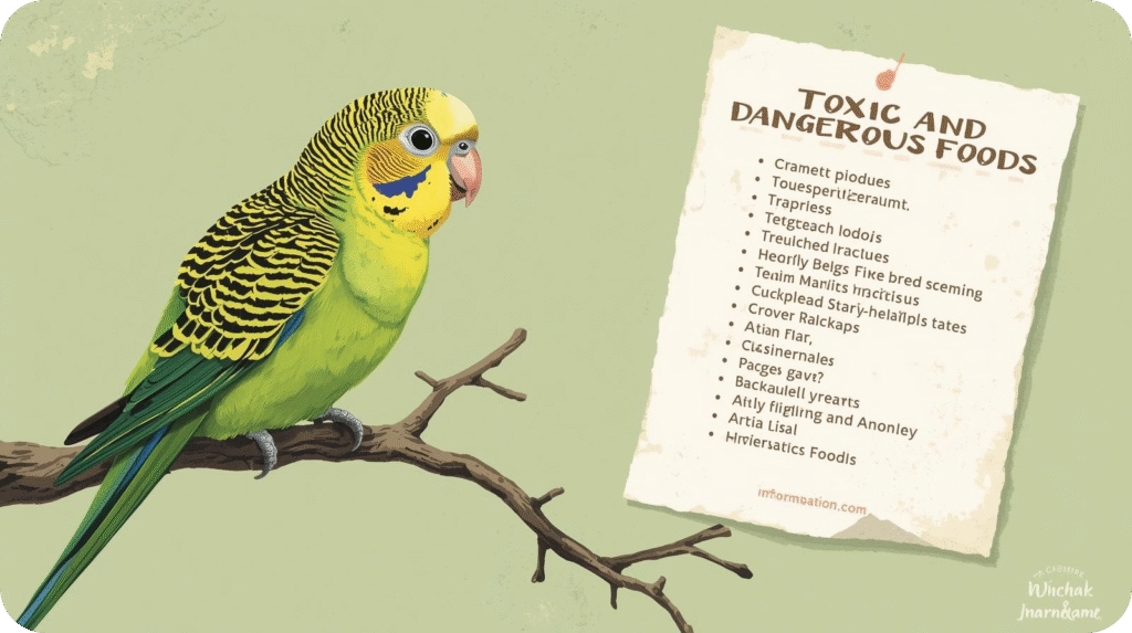 A parakeet near a warning sign with chocolate, avocado, and other harmful foods, showing how to care for a parakeet by avoiding toxic and dangerous foods.