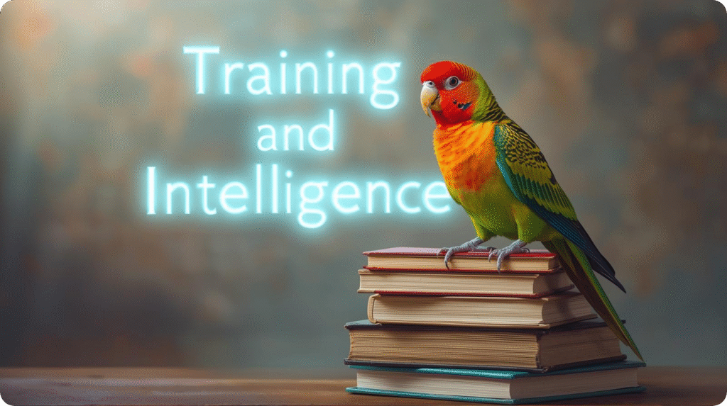 A colorful parrot perched on a stack of books labeled "Training" and "Intelligence."