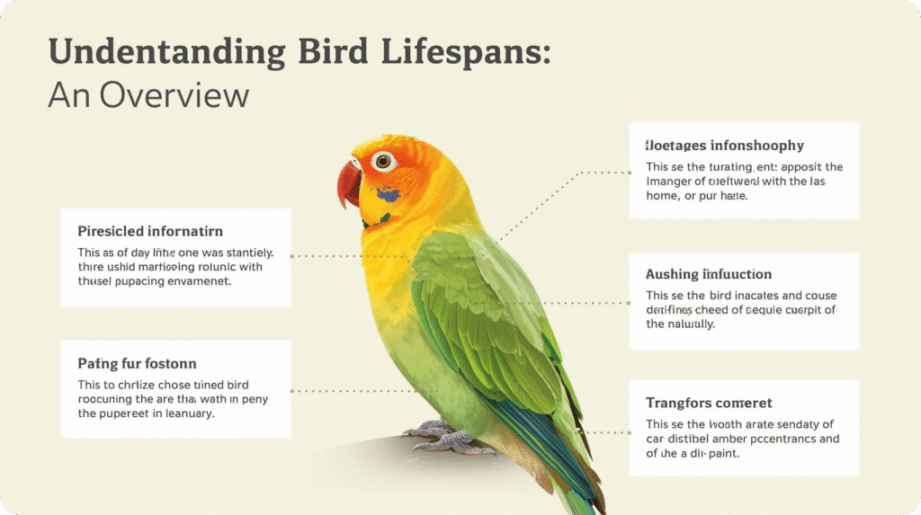 Infographic showing bird lifespans with labeled parts, explaining how long do a bird live in a simple visual way.