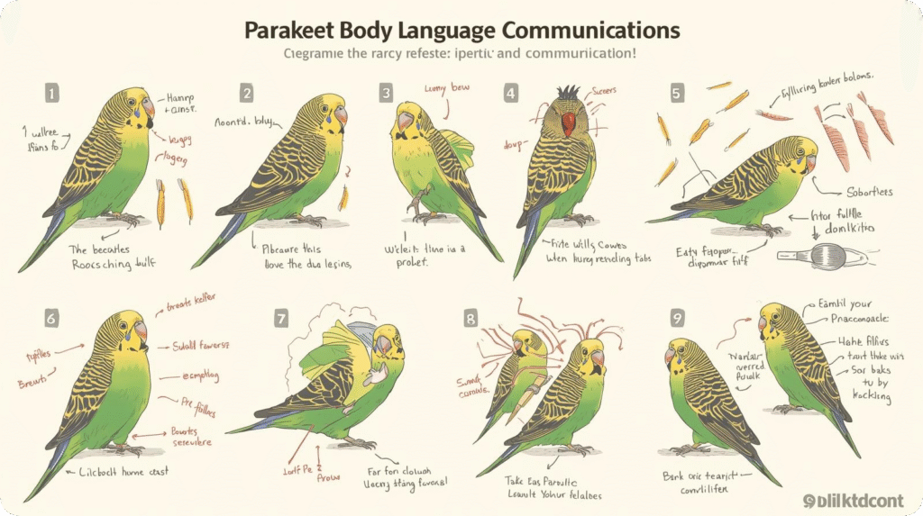 A parakeet perched on a branch, vocalizing and interacting with another parakeet, showcasing their communication behavior.