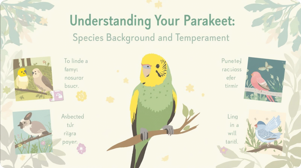 A person reading a book titled "Understanding Your Parakeet," surrounded by colorful parakeets in a cozy room.