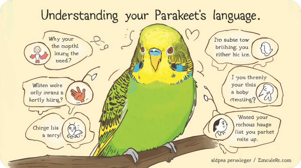 A parakeet chirping and interacting with its owner, illustrating how to care for a parakeet by understanding its language and behavior.