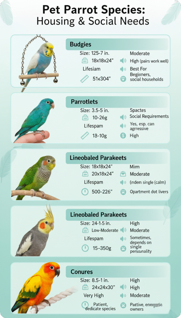 Informative graphic displaying various species of pet parrots with key characteristics and care tips.