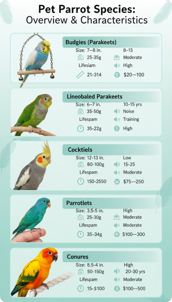 A colorful poster displaying information and care tips for pet parrots, featuring images and text about their needs.