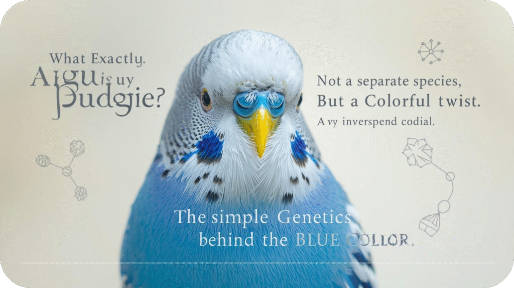 Close-up of a Blue Budgie Parakeet with bright blue and white feathers, illustrating the species’ unique color and charm.