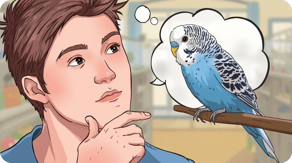 Blue Budgie in a pet shop cage, showing a healthy bird ready for adoption or purchase from a trusted breeder or store.